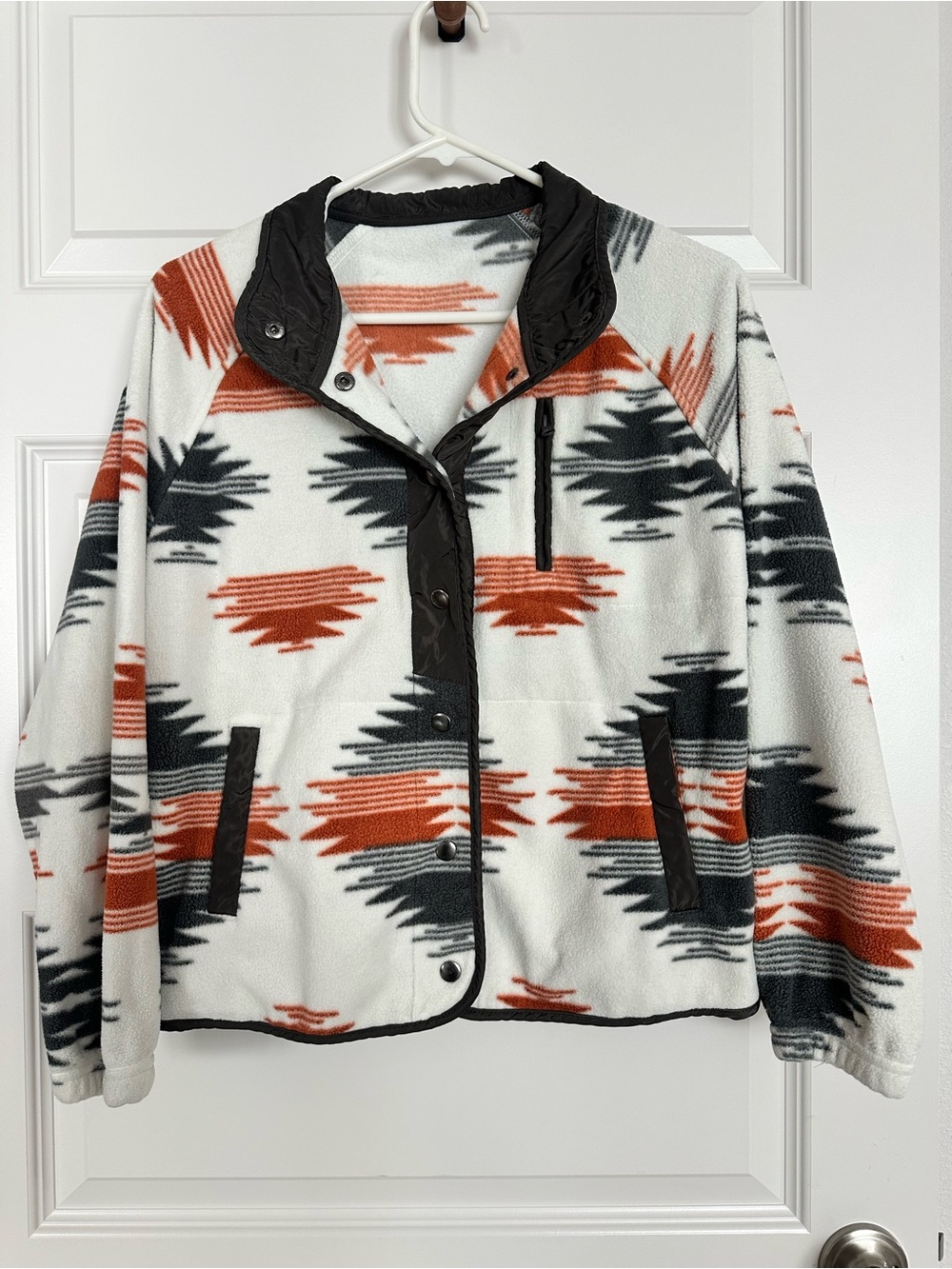 Western White Fleece Jacket with Rust & Black Geometric Print